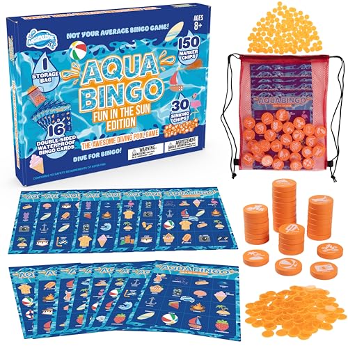 Pool Bingo Diving Game for Kids- Summer Party Fun Edition- Dive for & Call 30 Sinking Tropical Themed "Numbers", Fill Your Card- 150 Marker Chips 16 Double Sided Waterproof Play Cards, Toy Storage Bag - style: Fun In The Sun