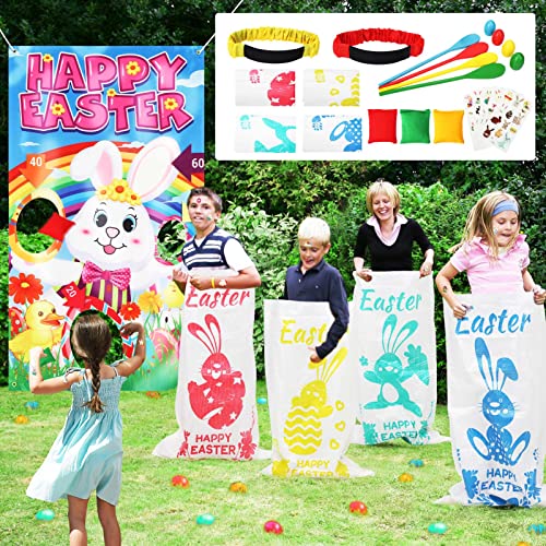 23 Packs Easter Outdoor Party Games for Kids Potato Sack Race Jumping Bags with Legged Race Bands, Egg and Spoon Race，Toss Game and Stickers, Outdoor Games for Easter Eggs Hunt,Easter Party Supplies