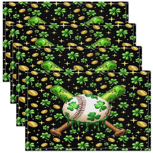 Baseball Kids Placemats Set of 4,Ball Sport Games Competition Table Place Mats,St. Patrick's Day Clover Irish Kitchen Decor,Green Black Placemat Kitchen Table Decoration 12"x18" - color: Green Black