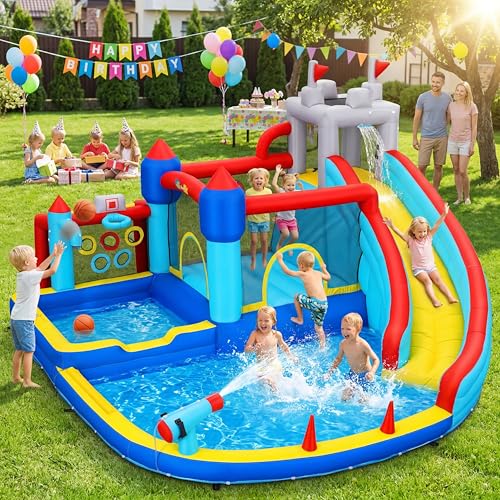 Whubefy 15x14.5ft Bounce House Water Slide Park, 13in1 Huge Blow up Waterslides Inflatable for Kids Backyard w/750W Blower, Pool, Soccer Goal, 5-hole Target Toss Game, Dart Board for Big Kids 8-12 3-6