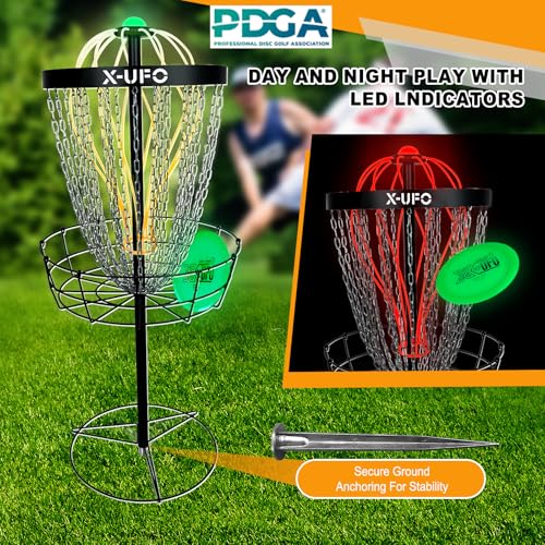 Portable Disc Golf Basket with 24 Chains and LED Sensor Lights for Night Practice - Stable Pole Base/12 Light Guide Strips