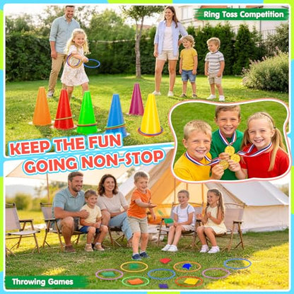 77 Pcs Potato Sack Race Bags, 8-in-1 Outdoor Carnival Games for Kids and Adults, Bean Bags Ring Toss, Tug of War Rope, Megaphone, Field Day Games for Lawn, Backyard, School, Birthday, Family, Beach