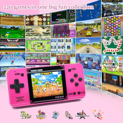Handheld Game for Kids -Preloaded 220 Retro Video Games, Portable Gaming Player with Rechargeable Battery 3.0" LCD Screen, Mini Arcade Electronic Toy Gifts for Boys Girls (Red) - style: Pink