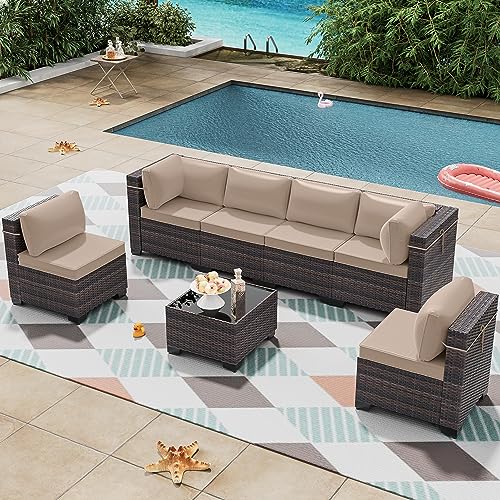 7 Pieces Outdoor Patio Furniture Set,Outdoor Sectional Furniture All Weather PE Rattan Wicker Patio Conversation Set with Coffee Table and 6 Thickened Cushions,Sand - color: Sand, size: 7 Sofa Set
