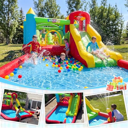 Whubefy Giant 29FT Bounce House Water Slide for Kids 3-12, Huge Sectional Obstacle Course Bouncy Castle with Slides/Tunnels/Climbing Walls/Jumping Area/Obstacles/Splash Pool/Basketball Hoops/Dartboard - style: 550+370W Blower
