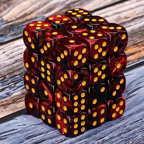 36 of Pack 12MM 6 Sided MINI Dice Set,Two Colours D6 Game Dice Set, 6 Sided Standard Dices for Yahtzee, Bunco or Teaching Math,with Portable Plastic Box(Dark Red+Black) - color: Dark Red Black Swirl