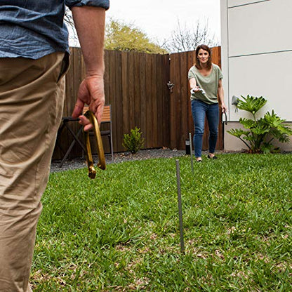 Champion Sports Horseshoe Set: Traditional Outdoor Lawn Game includes Four Professional Solid Steel Horseshoes with Solid Steel Stakes & Carrying Storage Case - style: Deluxe Set