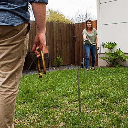 Champion Sports Horseshoe Set: Traditional Outdoor Lawn Game includes Four Professional Solid Steel Horseshoes with Solid Steel Stakes & Carrying Storage Case - style: Deluxe Set