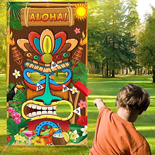 Luau Party Games Hawaiian Tiki Party Toss Games Banner with 3 Bean Bags Totem Decor for Summer Tropical Carnival Supplies