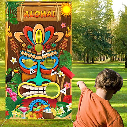 Luau Party Games Hawaiian Tiki Party Toss Games Banner with 3 Bean Bags Totem Decor for Summer Tropical Carnival Supplies