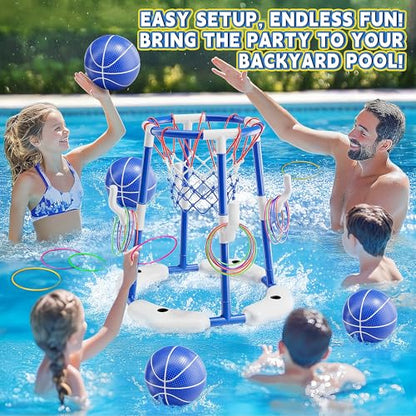 3 in 1 Pool Basketball Hoop & Ring Toss Game for Kids 4-8 8-12 - Floating Pool Toys Set with 4 Basketballs, 12 Rings, 2 Target Boards, 12 Bean Bags, Pump - Backyard Swimming Pool Summer Birthday Gift - color: Blue