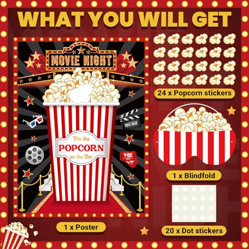 Faccito Movie Night Party Pin The Popcorn on The Box Large Poster with 24 Popcorn Stickers Blindfold Carnival Set for Movie Theater Carnival Birthday Party Decoration Activities Supplies - style: Movie