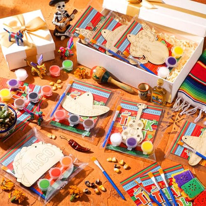 Saypacck 24 Pcs Mexican Taco Party Favors Wooden Painting Craft Kits Birthday Party Supplies with Organza Bag for Goodie Bags Fillers Adult Thank You Gifts - style: Mexican Taco