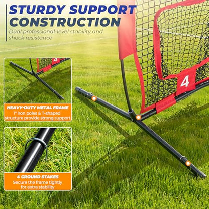 7x7ft/8x8ft Football Throwing Net, Quarterback Training Equipment with 5 Target Pockets, Includes Football, Portable Carry Bag - color: Red, size: 7x7ft