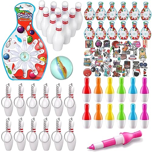 Deekin Bowling Party Favors 12 Pcs Pin Keychain 12 Pcs Ballpoint Pen Mini Bowling Set 50 Pcs Stickers for Goodie Bag Fillers and Small Prizes