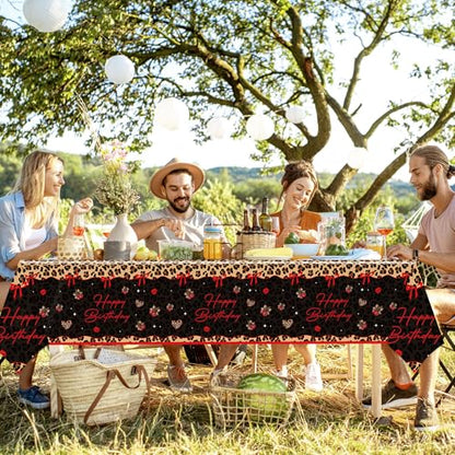 4 Pcs Cheetah and Cherry Birthday Tablecloths, Red and Black Leopard Print Disposable Plastic Table Cover for Bridal Shower Bachelorette Birthday Party Supplies, 54 x 108 Inches - color: Red Cherry