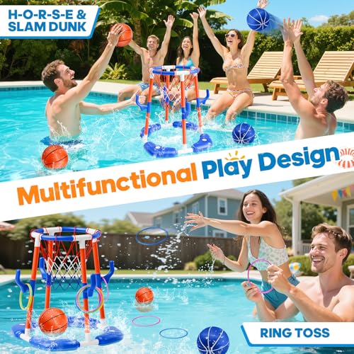 AIGIMU Pool Basketball Hoop, 2-in-1 Floating Pool Toys Ring Game with 4 Balls and Pump, Outdoor Swimming Pool Games for Kids Adults Water Basketball for Pool Basketball Games for Outdoor Indoor Play