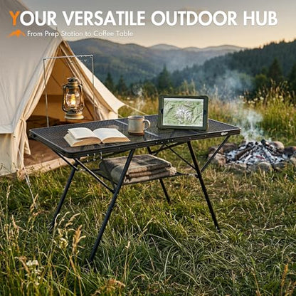 Portal Iron Mesh Folding Grill Table with 2 Adjustable Heights(15" & 29"), Heavy Duty Metal Camp Table, Heat-Resistant Tabletop for BBQ & Outdoor Cooking, One-Piece Folding Design, Dark Gray