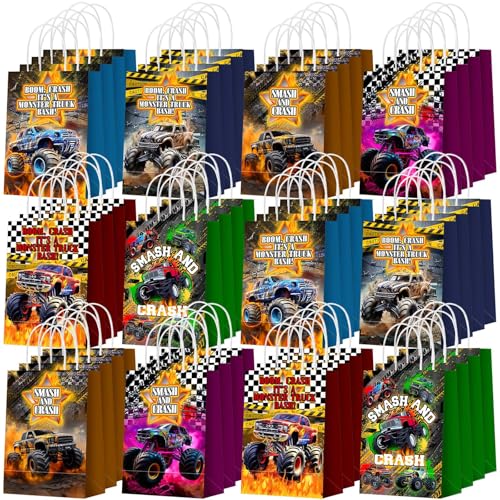 Kolldenn 48 Pcs Monster Truck Themed Goodie Bags with Handles Paper Truck Theme Gift Bag Racing Car Party Favors Candy Treat Pouch for Birthday Decorations Baby Shower Supplies - style: Truck