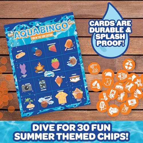 Pool Bingo Diving Game for Kids- Summer Party Fun Edition- Dive for & Call 30 Sinking Tropical Themed "Numbers", Fill Your Card- 150 Marker Chips 16 Double Sided Waterproof Play Cards, Toy Storage Bag - style: Fun In The Sun