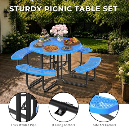 All-Weather Round Outdoor Picnic Table, Commercial Picnic Table Bench Set with Umbrella Hole, Thermoplastic Coated Metal Dining Tables for School, Stores, Park, Patio, Yard, Blue - color: Light Blue