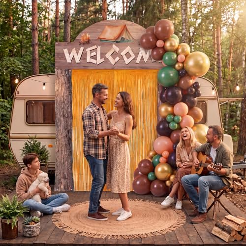 Peryiter 115 pcs Camping Party Decorations Set Wood Grain Welcome Backdrop Banner Foil Fringe Curtain Balloon Arch Kit Outdoor Camping Themed Supplies for Birthday Campfire Party - style: Camping
