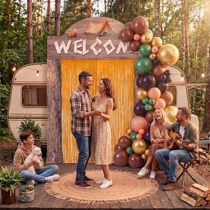 Peryiter 115 pcs Camping Party Decorations Set Wood Grain Welcome Backdrop Banner Foil Fringe Curtain Balloon Arch Kit Outdoor Camping Themed Supplies for Birthday Campfire Party - style: Camping