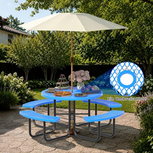 All-Weather Round Outdoor Picnic Table, Commercial Picnic Table Bench Set with Umbrella Hole, Thermoplastic Coated Metal Dining Tables for School, Stores, Park, Patio, Yard, Blue - color: Light Blue
