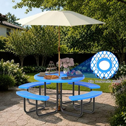 All-Weather Round Outdoor Picnic Table, Commercial Picnic Table Bench Set with Umbrella Hole, Thermoplastic Coated Metal Dining Tables for School, Stores, Park, Patio, Yard, Blue - color: Light Blue