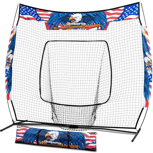 GoSports 7 ft x 7 ft Baseball & Softball Nets - Red, Black, Drip or PRO - Practice Hitting & Pitching Net with Bow Type Frame, Carry Bag and Strike Zone, Great for All Skill Levels - color: American Drip