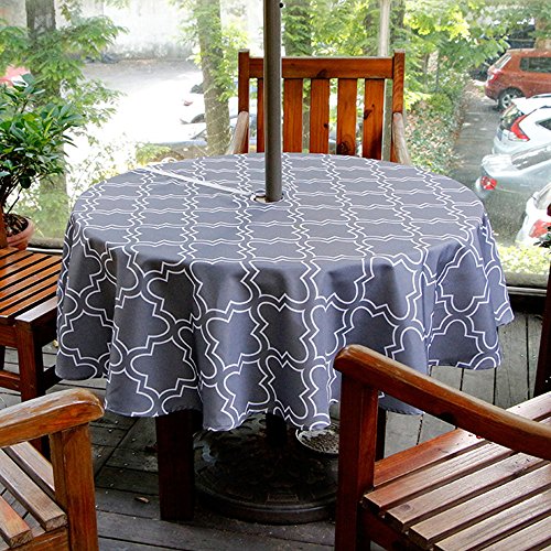 Melaluxe Spring/Summer Wrinkle-Free Waterproof Outdoor Tablecloth with Umbrella Hole and Zipper (Grey, 60" Round-Zippered) - color: Grey, size: 60" (Round)