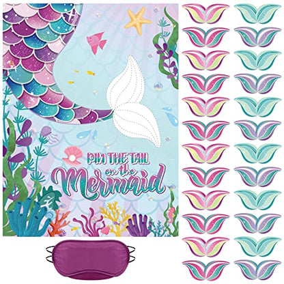 Faccito Stick Tail on The Mermaid Party Game Mermaid Games Set Include 21 x 28 Inch Large Poster 24 Pcs Reusable Tail Stickers Blindfold Ocean Sea Theme Party Supplies Birthday Favors - style: Mermaid