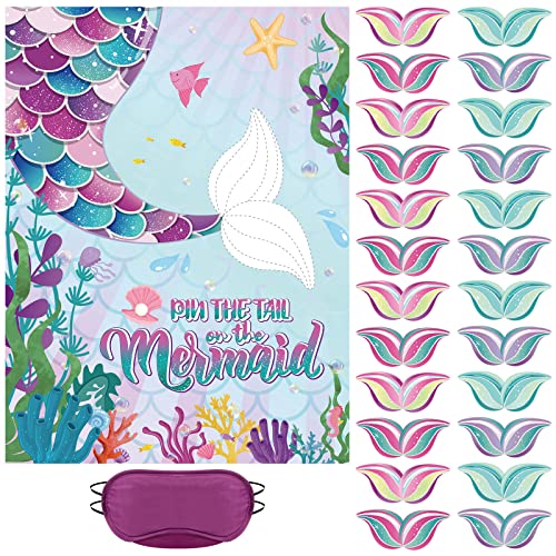 Faccito Stick Tail on The Mermaid Party Game Mermaid Games Set Include 21 x 28 Inch Large Poster 24 Pcs Reusable Tail Stickers Blindfold Ocean Sea Theme Party Supplies Birthday Favors - style: Mermaid