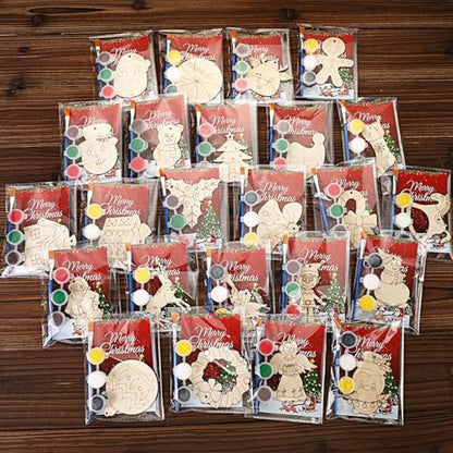 Saypacck 24 Pcs Christmas Party Favors Wooden Painting Craft Kits Birthday Party Supplies with Organza Bag for Goodie Bags Fillers Adult Thank You Gifts - style: Christmas