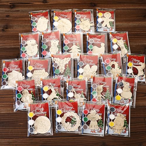 Saypacck 24 Pcs Christmas Party Favors Wooden Painting Craft Kits Birthday Party Supplies with Organza Bag for Goodie Bags Fillers Adult Thank You Gifts - style: Christmas