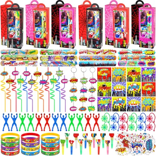 208Pcs Spider Theme Party Favors for Boys, 12 Guests Set with Goodie Boxes Straw Slap Bracelets Sticky hands Notebooks Keychain Stickers for Birthday Party, Classroom Prizes & Return Gifts - style: Spider Party Favors