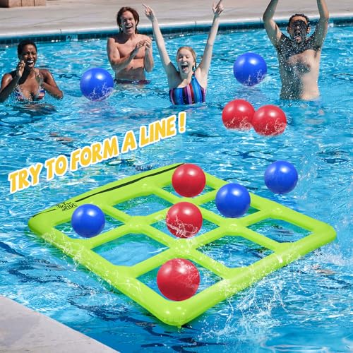 TicTac Shot Pool Toys Games Set- Tic Tac Toe Inflatable Pool Toy with 10 Balls - for Adults Teens Kids 2-10 Players - color: Green