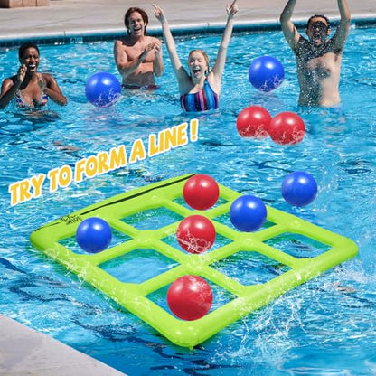 TicTac Shot Pool Toys Games Set- Tic Tac Toe Inflatable Pool Toy with 10 Balls - for Adults Teens Kids 2-10 Players - color: Green