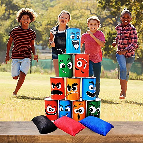 Giant Tumbling Tower Games Wooden Blocks Stacking Game + Tin Can Alley Bean Bag Toss Game for Adult, Kids, Family Fun Outdoor Backyard Games