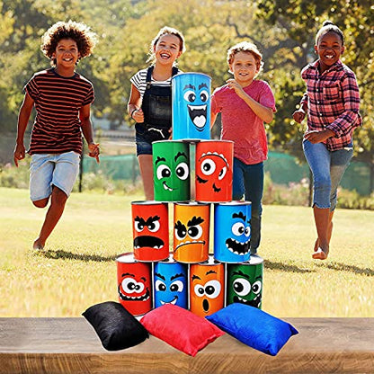 Giant Tumbling Tower Games Wooden Blocks Stacking Game + Tin Can Alley Bean Bag Toss Game for Adult, Kids, Family Fun Outdoor Backyard Games
