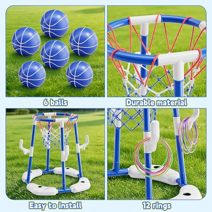 3 in 1 Pool Basketball Hoop & Ring Toss Game for Kids 4-8 8-12 - Floating Pool Toys Set with 4 Basketballs, 12 Rings, 2 Target Boards, 12 Bean Bags, Pump - Backyard Swimming Pool Summer Birthday Gift - color: Blue