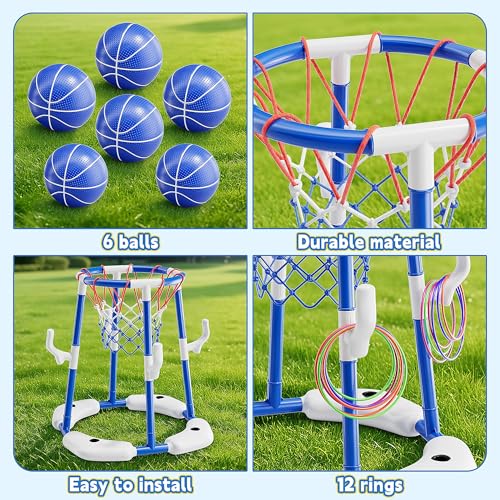 3 in 1 Pool Basketball Hoop & Ring Toss Game for Kids 4-8 8-12 - Floating Pool Toys Set with 4 Basketballs, 12 Rings, 2 Target Boards, 12 Bean Bags, Pump - Backyard Swimming Pool Summer Birthday Gift - color: Blue