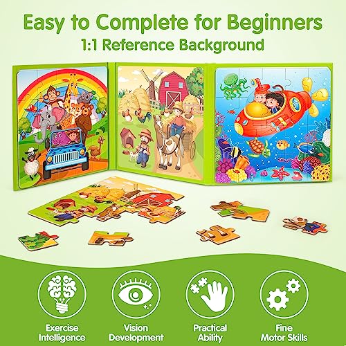 SYNARRY Magnetic Puzzles for Kids Ages 3-5, 20 Pieces Toddler Animal Puzzles for Kids Ages 4-6, Easter Basket Stuffers Gifts for Kids, Car Airplane Road Trip Activities Magnet Games Toy for Boys Girls - style: Animal