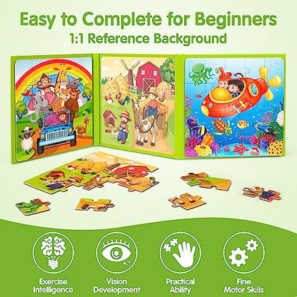SYNARRY Magnetic Puzzles for Kids Ages 3-5, 20 Pieces Toddler Animal Puzzles for Kids Ages 4-6, Easter Basket Stuffers Gifts for Kids, Car Airplane Road Trip Activities Magnet Games Toy for Boys Girls - style: Animal