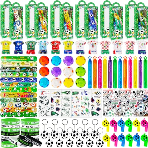 208Pcs Soccer Party Favors for Kids Boys, 12 Guests Goodie Bag Fillers with Rotatable Finger Stress Toys Whistles Bracelet Keychain Sticker for Birthday Party, Classroom Rewards & Return Gifts - style: Soccer Party Favors