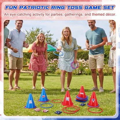 RoundFunny 12set 3 in 1 Independence Day Ring Toss Game Set, Carnival Game Kit with Cones, Rings, Bean Bags & Storage Bag, Includes for DIY Toss Games, Birthday Party, Carnival - style: Independence Day