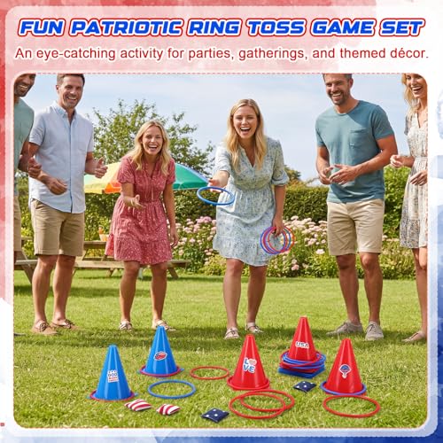 RoundFunny 12set 3 in 1 Independence Day Ring Toss Game Set, Carnival Game Kit with Cones, Rings, Bean Bags & Storage Bag, Includes for DIY Toss Games, Birthday Party, Carnival - style: Independence Day