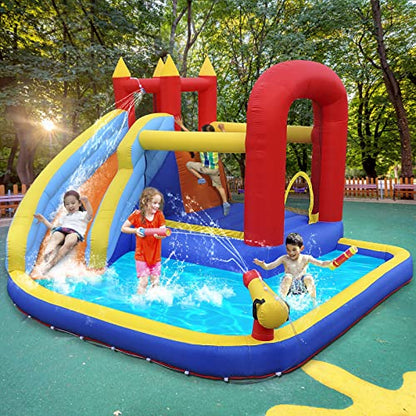 JOYLDIAS Inflatable Water Slide Bounce House,Slide Bouncer Castle Playhouse w/Splash Pool,Jump Area, Climbing Wall,Basketball Hoop,450W Air Blower for Kids Backyard Indoor Outdoor Use,Free Water Gun - color: 5 in 1