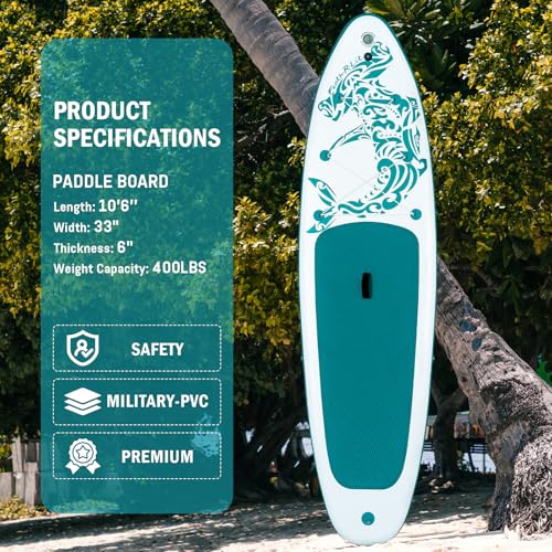 FEATH-R-LITE Inflatable Paddle Board Stand Up Paddleboards for Adults SUP with Premium Accessories Pump, Adjustable Paddle, Leash, Three Fins, Backpack - style: Green