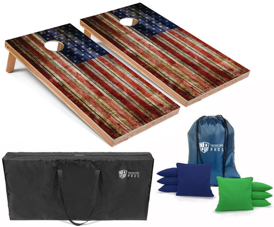Tailgating Pros American Flag Wooden Plank Design Cornhole Board Set w/Bean Bags and Carrying Case - 4'x2' Corn Hole Toss Game - color: Royal / Kelly